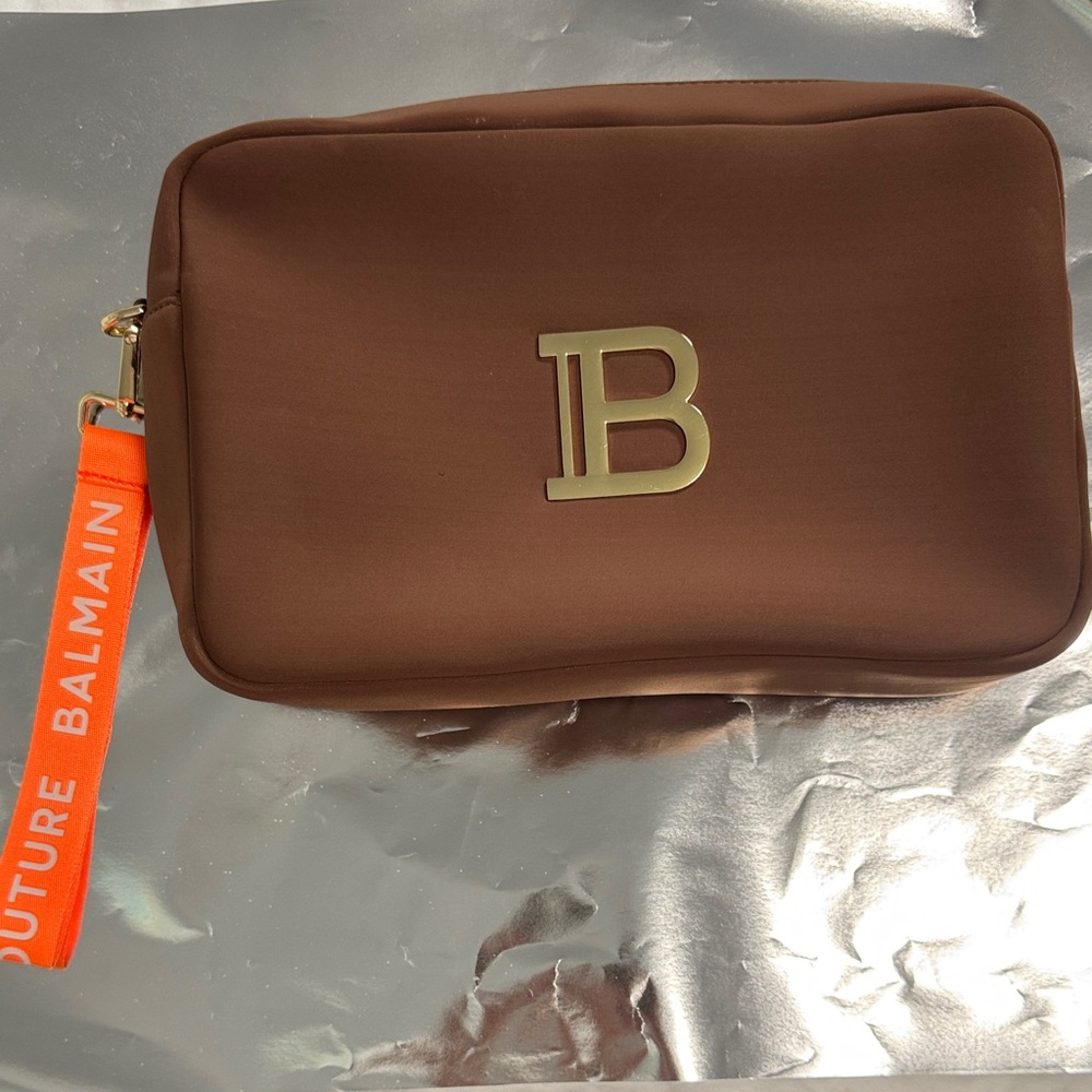 Balmain Brown Toiletry Bag with Gold Logo